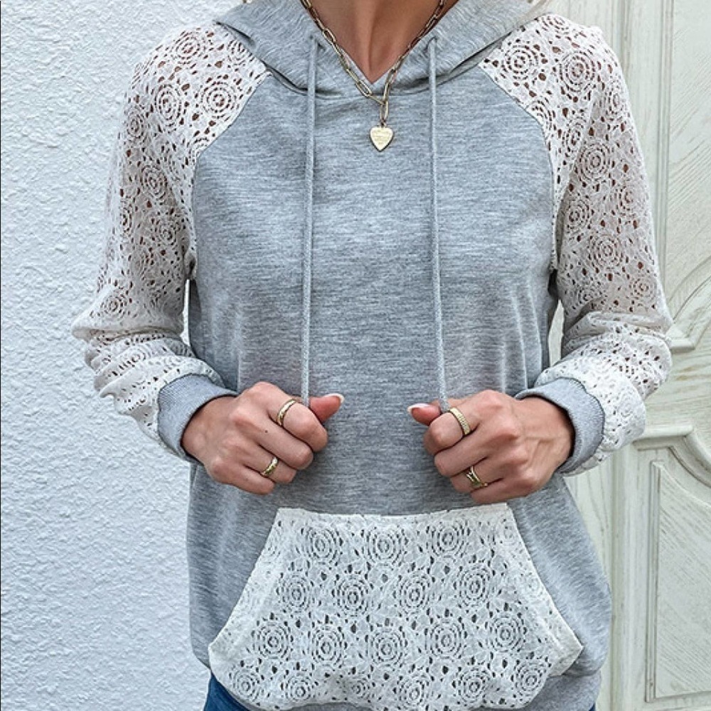Lace Raglan Sleeve Drawstring Hoodie - Picture 3 of 7